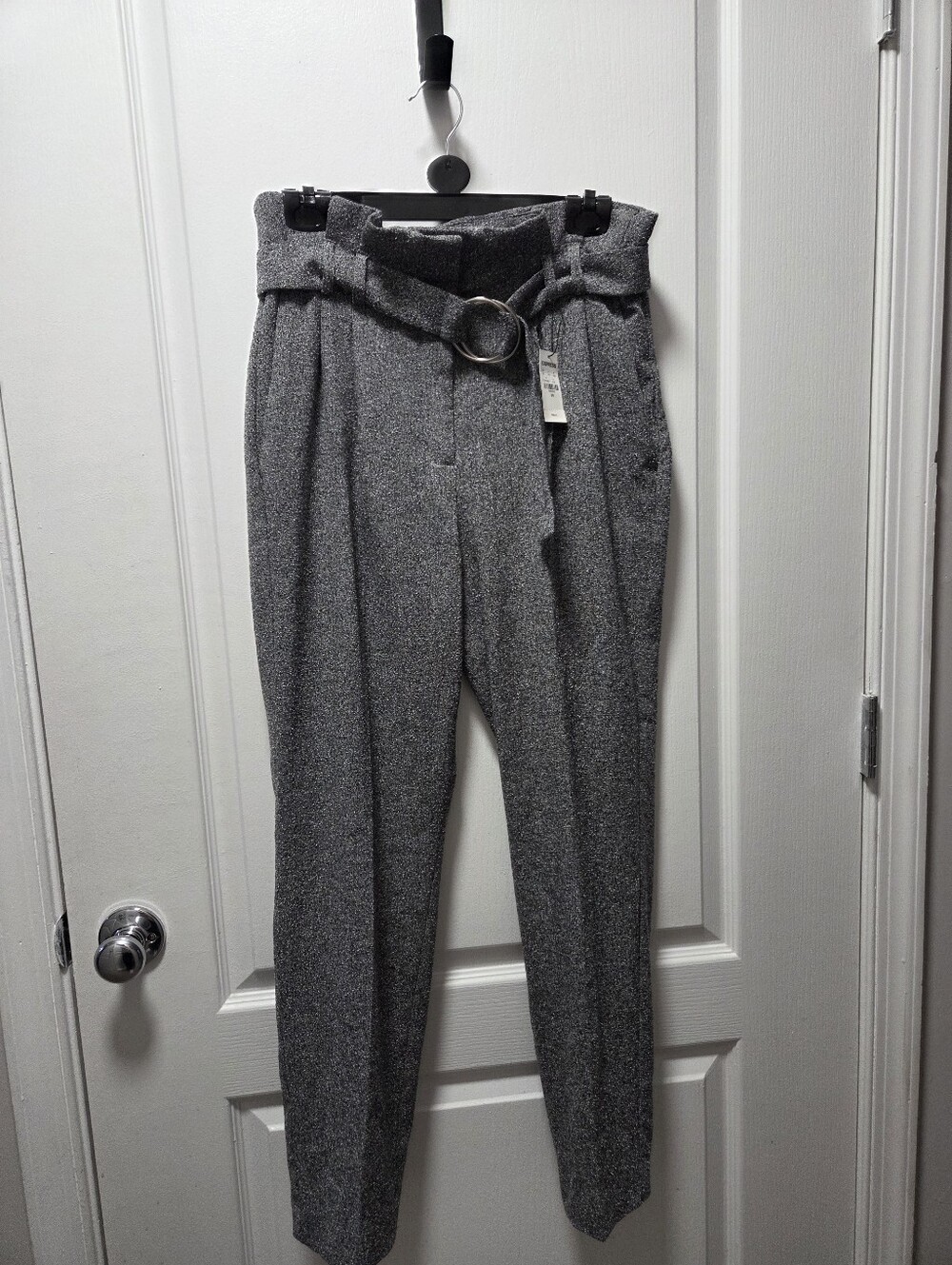 NWT Express High Waist Paperbag Pants Gray Metallic Belted Size 8R